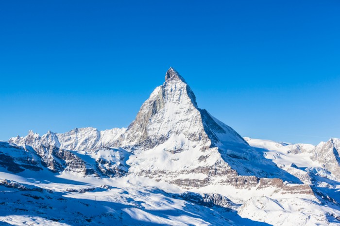 View of Matterhorn on a clear sunny day on the winter hiking path, Zermatt, Switzerland