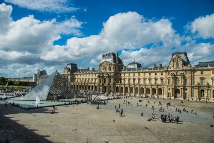 Paris, France - May 3, 2015: Aerial view of the cloudy day at Louvre museum, Paris, France