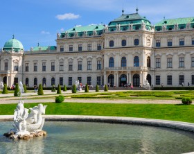 Vienna, Austria - May 14, 2016: Fountain in front of Upper Belvedere Palace on May 14, 2016 in Vienna. A Baroque palace Belvedere is a historic building complex in Vienna, consisting of two Baroque palaces with a beautiful garden between them.
