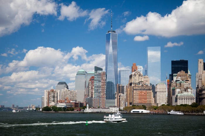 New York City, United States - September 7, 2014: Skyline Downtown Manhattan including One World Trade Center