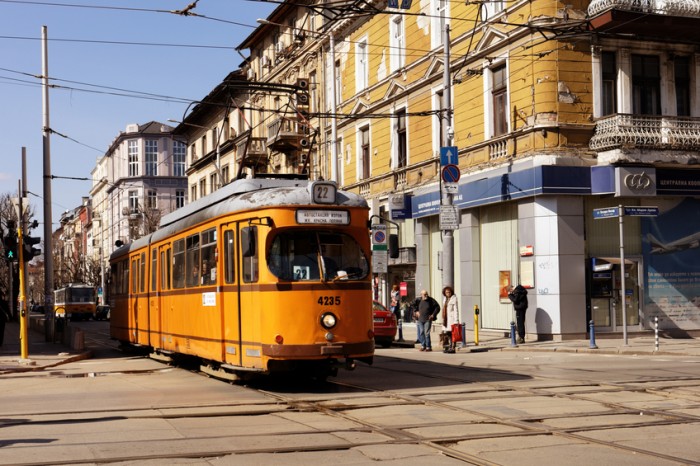 Sofia, Bulgaria - March 05, 2016: Retro styled tram in the city center. The tramway system in Sofia was created in 1901, and now is the only tramway system in Bulgaria