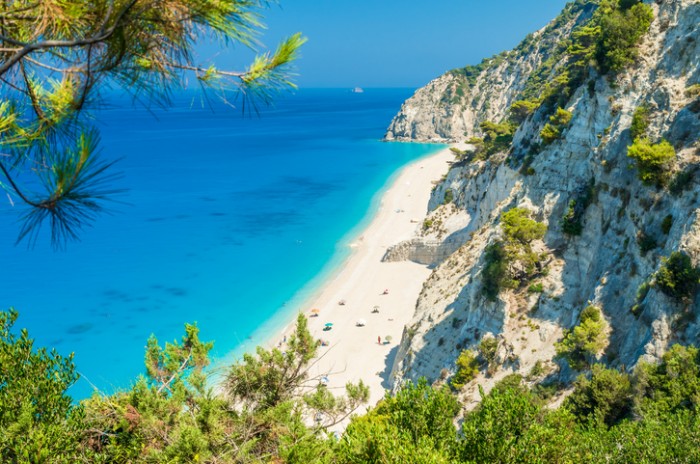 Large and long beach with turquoise water on the island of Lefkada in Greece