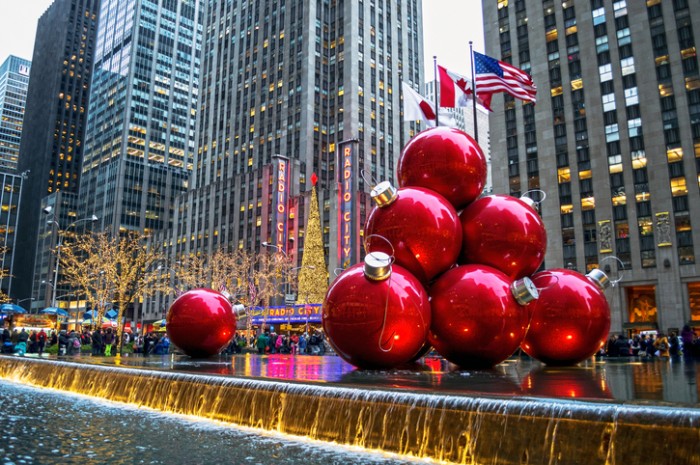 New York, NY, USA - December 30, 2013: Holiday decorations near Radio City Music Hall on December 30, 2013 in Manhattan.