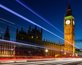 Big Ben by night.  With light trails.