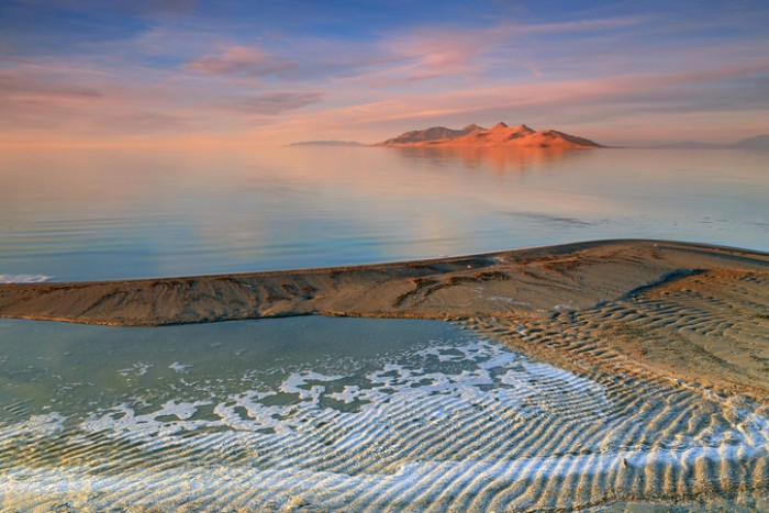 Colorful sunset at the Great Salt Lake, Utah, USA.