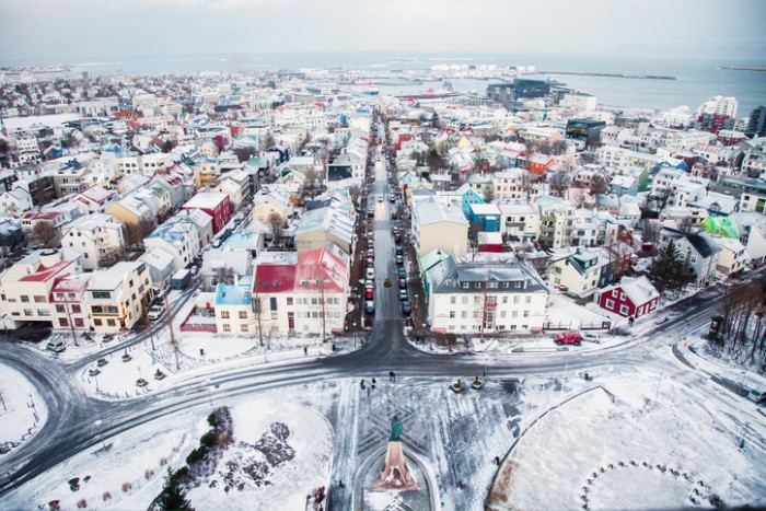 A picture take from the clock tower overlooking Reykjavik