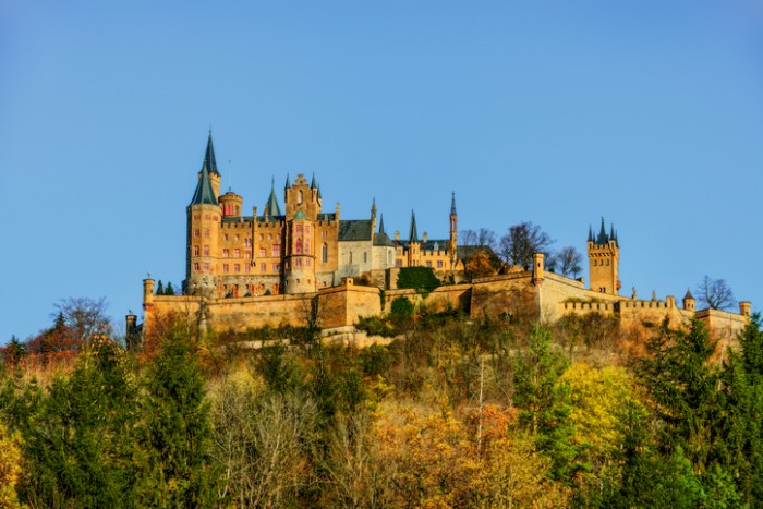Hechingen, Germany - October 27, 2013:  Hohenzollern Castle sits atop of mount Hohenzollern, just 31 miles south of the German city of Stuttgart, in Baden-Wurttemberg.  It was the home of the Hohenzollern family which came to become German Emperors.