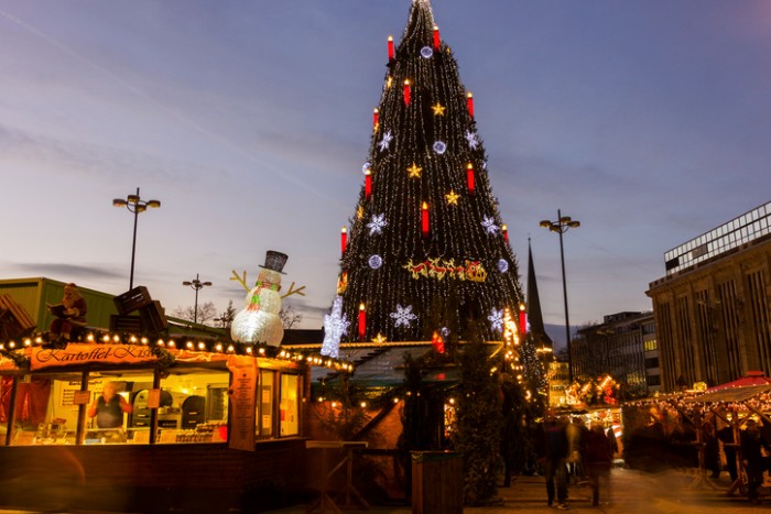 Dortmund, North Rhine-Westphalia, Germany - December 29, 2015: Christmas tree in Dortmund in Germany in the evening.