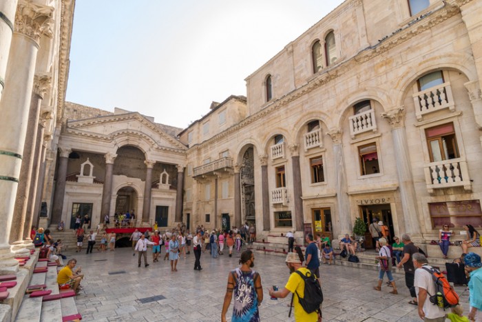 Split, Croatia - September 3, 2015: Tourists at the Diocletian's Palace's peristyle in Split, Croatia,