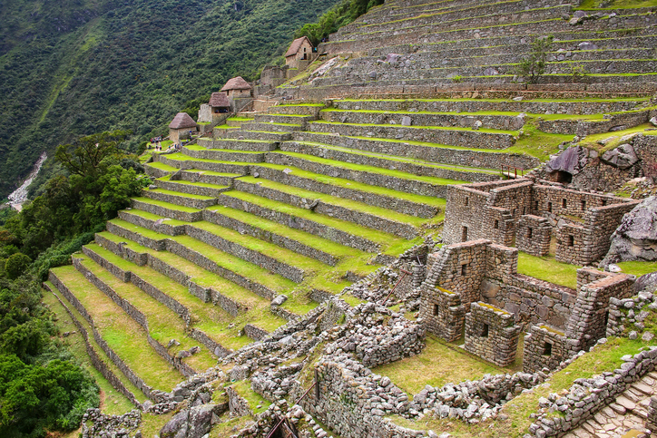 Agricultural stone terraces at  Machu Picchu in Peru. In 2007 Machu Picchu was voted one of the New Seven Wonders of the World.