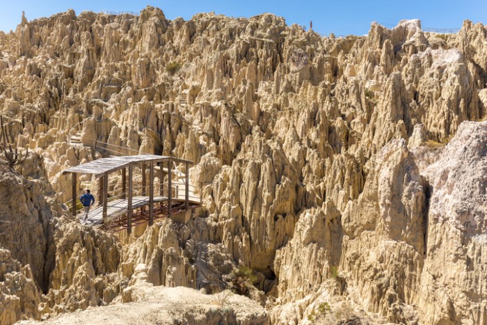 Unique geological formations cliffs shapes, Moon Valley park, La Paz mountains, Bolivia tourist travel destination.