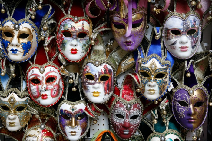 Beautiful carnival masks - Venice, Italy displayed on black.