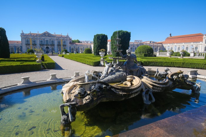 Queluz, Portugal - July 14, 2016: Fountain at the Palace of Queluz, a Portuguese 18th-century palace in Sintra Municipality, Lisbon District.