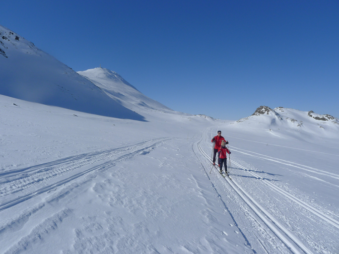 Two persons cross country skiing in Norwegian mountain on a sunny winter day