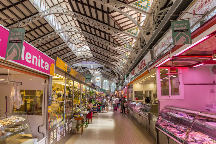 Valencia, Spain - June 12, 2017: Shops at the colorful mercado central of Valencia, Spain