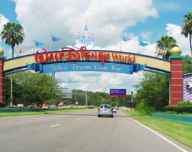 Lake Buena Vista, Florida, USA - August 19, 2015: an entrance of Walt Disney World Resort. Some cars are visible.