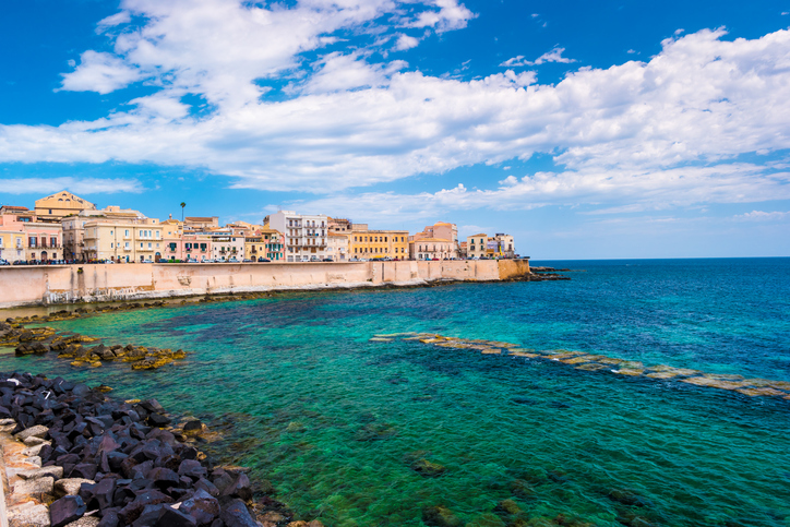 Coast of Ortigia island at city of Syracuse, Sicily, Italy. Beautiful travel photo of Sicily.