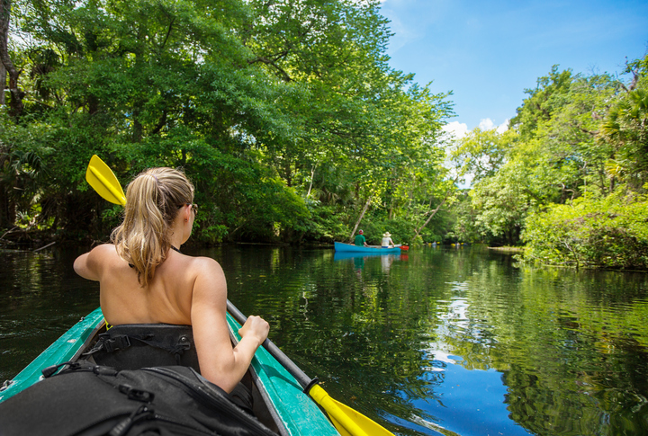 Woman kayaker paddling down a beautiful jungle river with two people in a canoe on a gorgeous day. Lots of copy space and view from behind