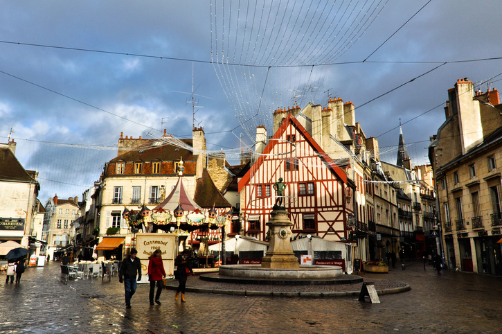 Dijon, France - December 4, 2012: Old Town of Dijon, France. The city is the capital of the Burgundy region. Many exchange students from all around the world come to Dijon every year.