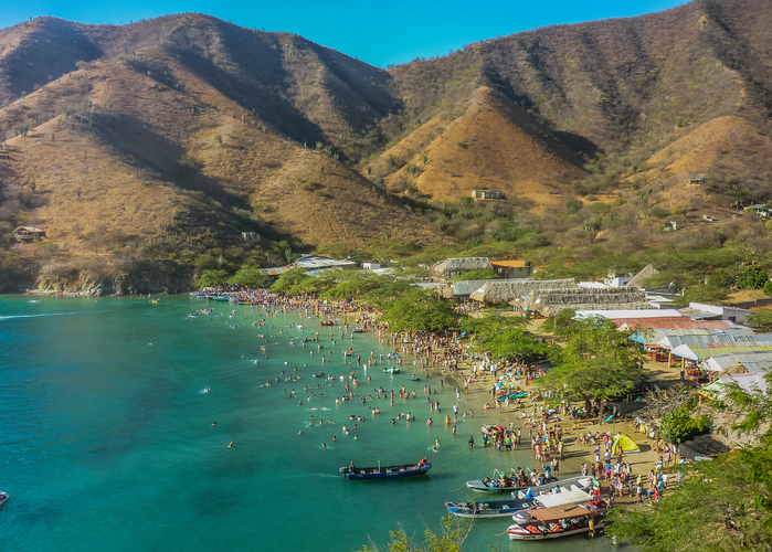 Breathtaking landscape aerial view of the bay of Taganga, a famous caribbean watering place of Colombia, South America.