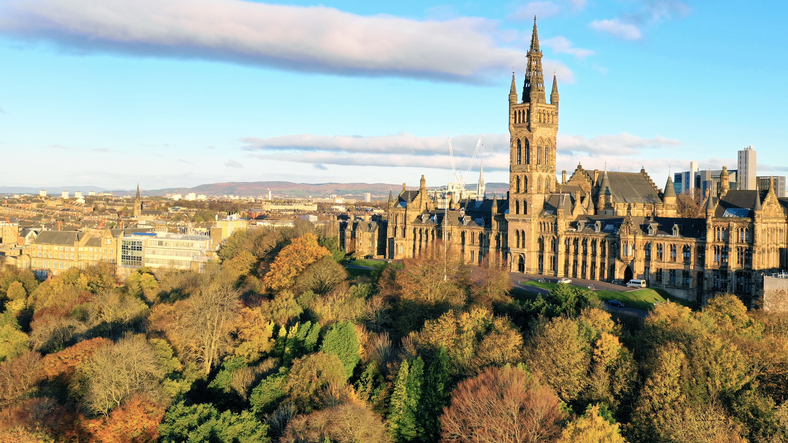 Aerial photography of Glasgow's west end with views of Kelvingrove Park, Glasgow University, Kelvingrove Art Gallery, Finneston, SECC, SEE Hydro, Park Circus, River Kelvin and The Clyde.