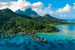 Oceania Cruises lança coleção de itinerários Tropicais e Exóticos 2022-2023 Bora Bora aerial drone image of travel vacation paradise and overwater bungalows