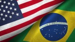 Brazil and United States two flags together realations textile cloth fabric texture