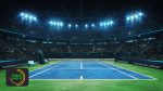 O emocionante mundo dos esportes brasileiros - Um resumo anual de Grandes Apostas. Blue tennis court and illuminated indoor arena with fans, upper front view